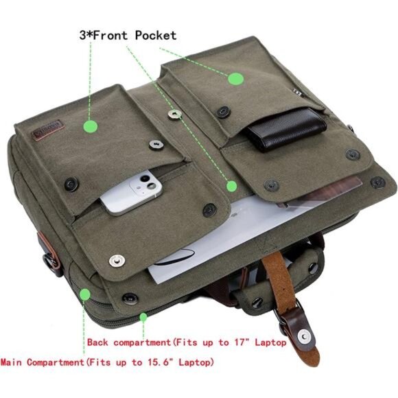 17 inch Canvas Bag Messenger Bag Green - Picture 3 of 7